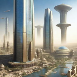 A futuristic vision of Baghdad in the year 3000 AD, featuring advanced skyscrapers, flying vehicles, and a blend of traditional and modern architecture