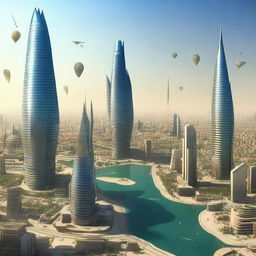 A futuristic vision of Baghdad in the year 3000 AD, featuring advanced skyscrapers, flying vehicles, and a blend of traditional and modern architecture