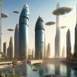 A futuristic vision of Baghdad in the year 3000 AD, featuring advanced skyscrapers, flying vehicles, and a blend of traditional and modern architecture