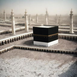 A beautiful and serene image of Makkah, showcasing the Grand Mosque (Masjid al-Haram) with the Kaaba at its center