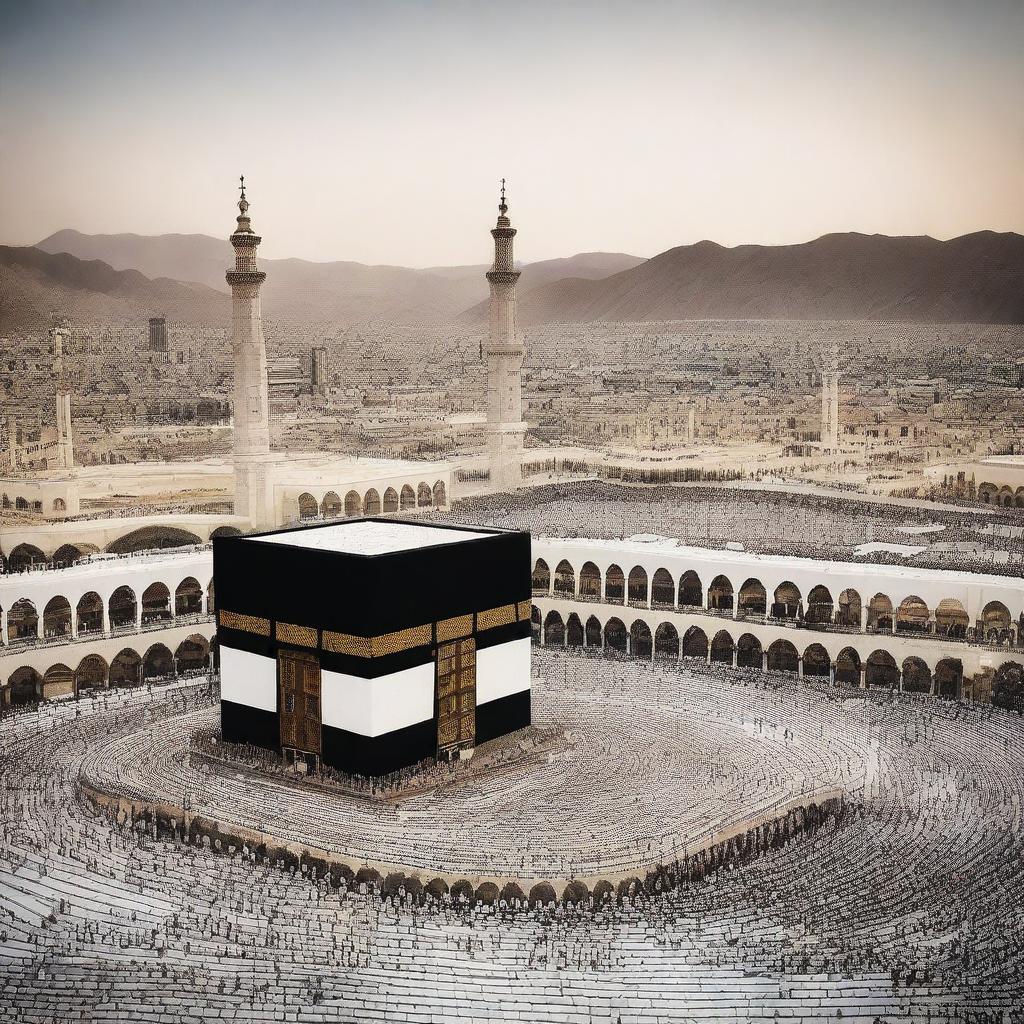 A beautiful and serene image of Makkah, showcasing the Grand Mosque (Masjid al-Haram) with the Kaaba at its center