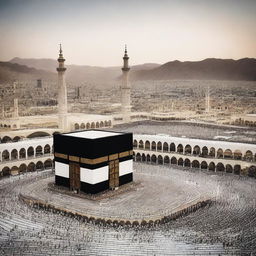 A beautiful and serene image of Makkah, showcasing the Grand Mosque (Masjid al-Haram) with the Kaaba at its center