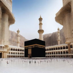 A beautiful and serene image of Makkah, showcasing the Grand Mosque (Masjid al-Haram) with the Kaaba at its center