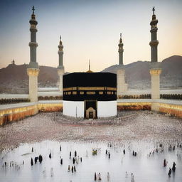 A beautiful and serene image of Makkah, showcasing the Grand Mosque (Masjid al-Haram) with the Kaaba at its center