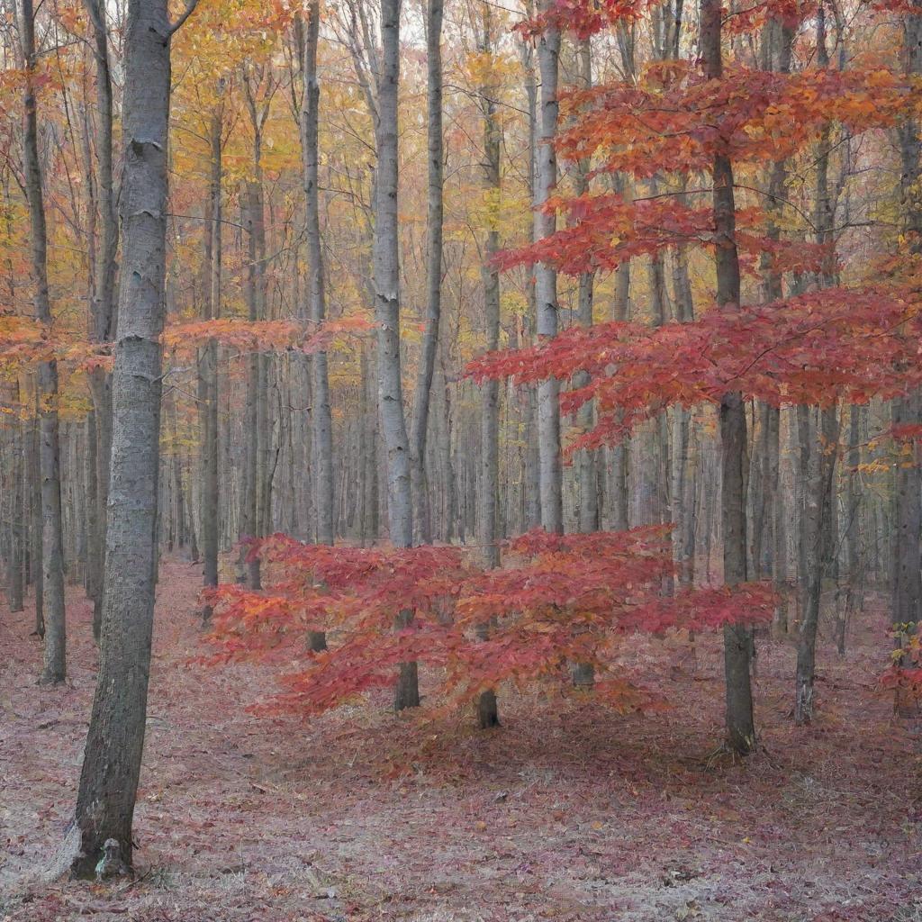 A vibrant autumn forest with leaves of red, gold, and orange lightly dusted with the first snow of the season, and the early morning sun creating a beautiful shimmer against the frost.