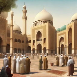 A detailed depiction of Islamic civilization, showcasing grand mosques, bustling bazaars, and intricate geometric patterns