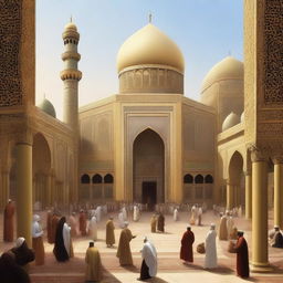 A detailed depiction of Islamic civilization, showcasing grand mosques, bustling bazaars, and intricate geometric patterns