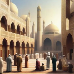 A detailed depiction of Islamic civilization, showcasing grand mosques, bustling bazaars, and intricate geometric patterns