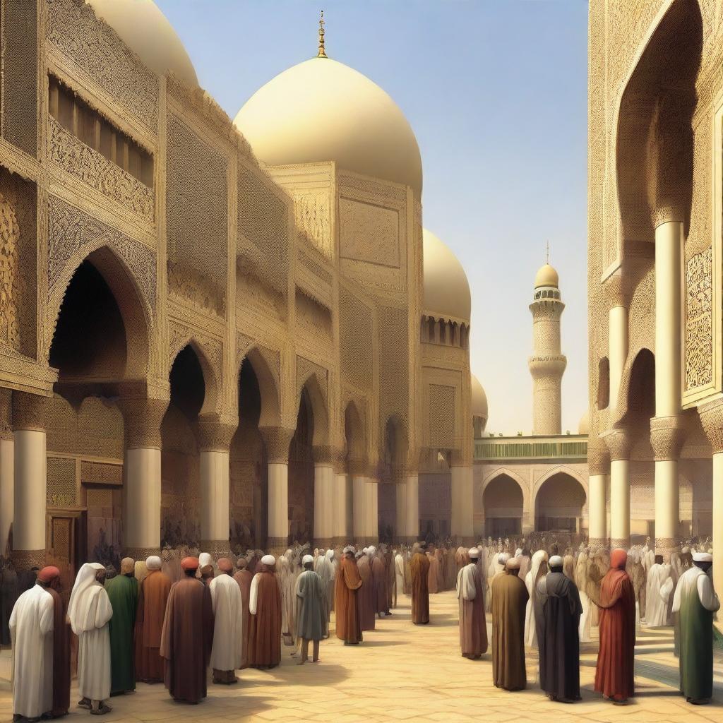 A detailed depiction of Islamic civilization, showcasing grand mosques, bustling bazaars, and intricate geometric patterns