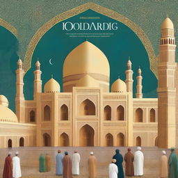 A textbook cover on Islamic civilization, featuring grand mosques, intricate geometric patterns, scholars studying, and merchants trading in bustling bazaars