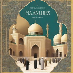 A textbook cover on Islamic civilization, featuring grand mosques, intricate geometric patterns, scholars studying, and merchants trading in bustling bazaars