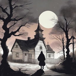 A shadowy figure stands at the edge of a dense forest, illuminated by the eerie glow of the moon over Salem Village