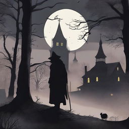 A shadowy figure stands at the edge of a dense forest, illuminated by the eerie glow of the moon over Salem Village