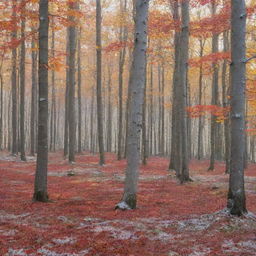 A vibrant autumn forest with leaves of red, gold, and orange lightly dusted with the first snow of the season, and the early morning sun creating a beautiful shimmer against the frost.