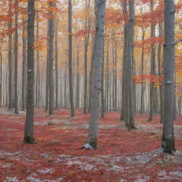 A vibrant autumn forest with leaves of red, gold, and orange lightly dusted with the first snow of the season, and the early morning sun creating a beautiful shimmer against the frost.