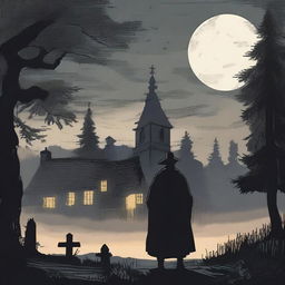 A shadowy figure stands at the edge of a dense forest, illuminated by the eerie glow of the moon over Salem Village