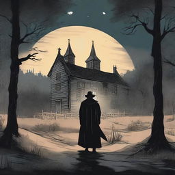 A shadowy figure stands at the edge of a dense forest, illuminated by the eerie glow of the moon over Salem Village