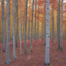 A vibrant autumn forest with leaves of red, gold, and orange lightly dusted with the first snow of the season, and the early morning sun creating a beautiful shimmer against the frost.