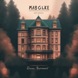 A mystery book cover featuring a large cozy hotel surrounded by trees as the centerpiece