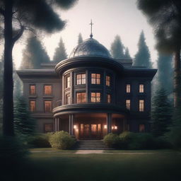 A mystery book cover featuring a large cozy hotel surrounded by trees as the centerpiece