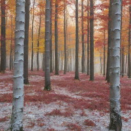 A vibrant autumn forest with leaves of red, gold, and orange lightly dusted with the first snow of the season, and the early morning sun creating a beautiful shimmer against the frost.