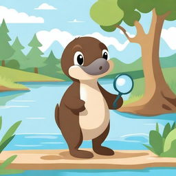 A cute platypus holding a magnifying glass, standing on its hind legs and looking curious