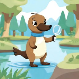 A cute platypus holding a magnifying glass, standing on its hind legs and looking curious