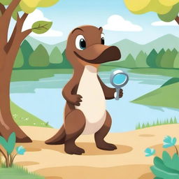 A cute platypus holding a magnifying glass, standing on its hind legs and looking curious