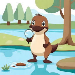 A cute platypus holding a magnifying glass, standing on its hind legs and looking curious