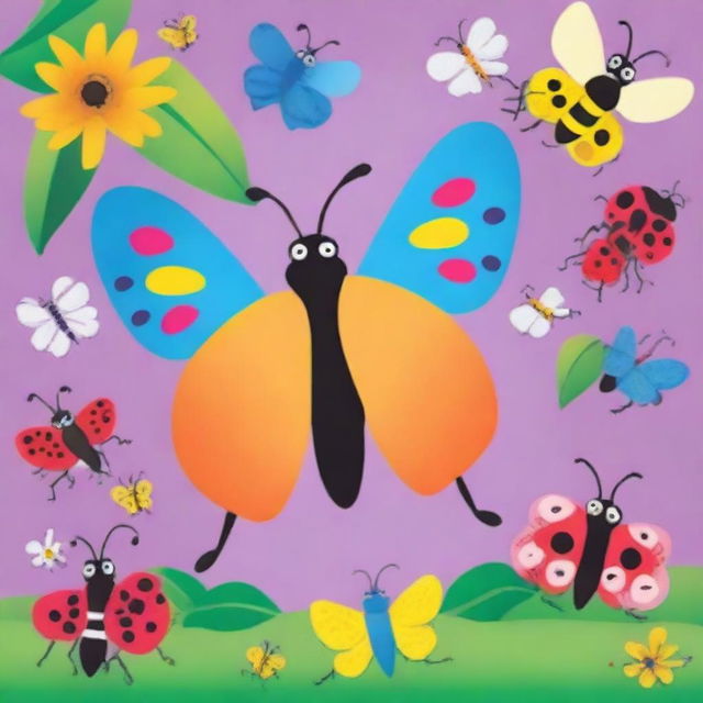 Create a vibrant and engaging book cover for a children's book titled 'Color and Discover: Insect Fun Facts and Puzzles'