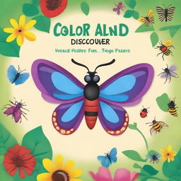 Create a vibrant and engaging book cover for a children's book titled 'Color and Discover: Insect Fun Facts and Puzzles'