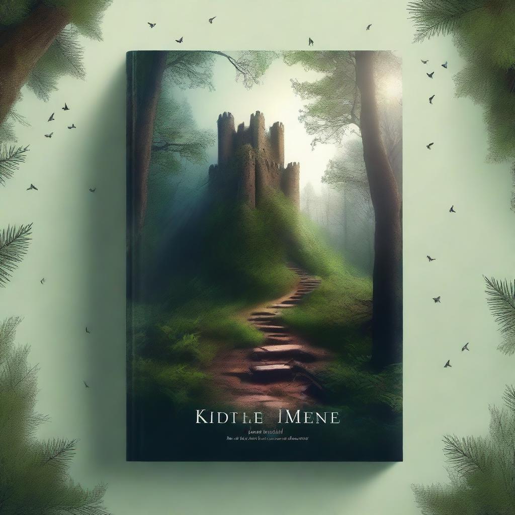 Create a captivating book cover featuring a mysterious forest with a hidden path leading to an ancient castle