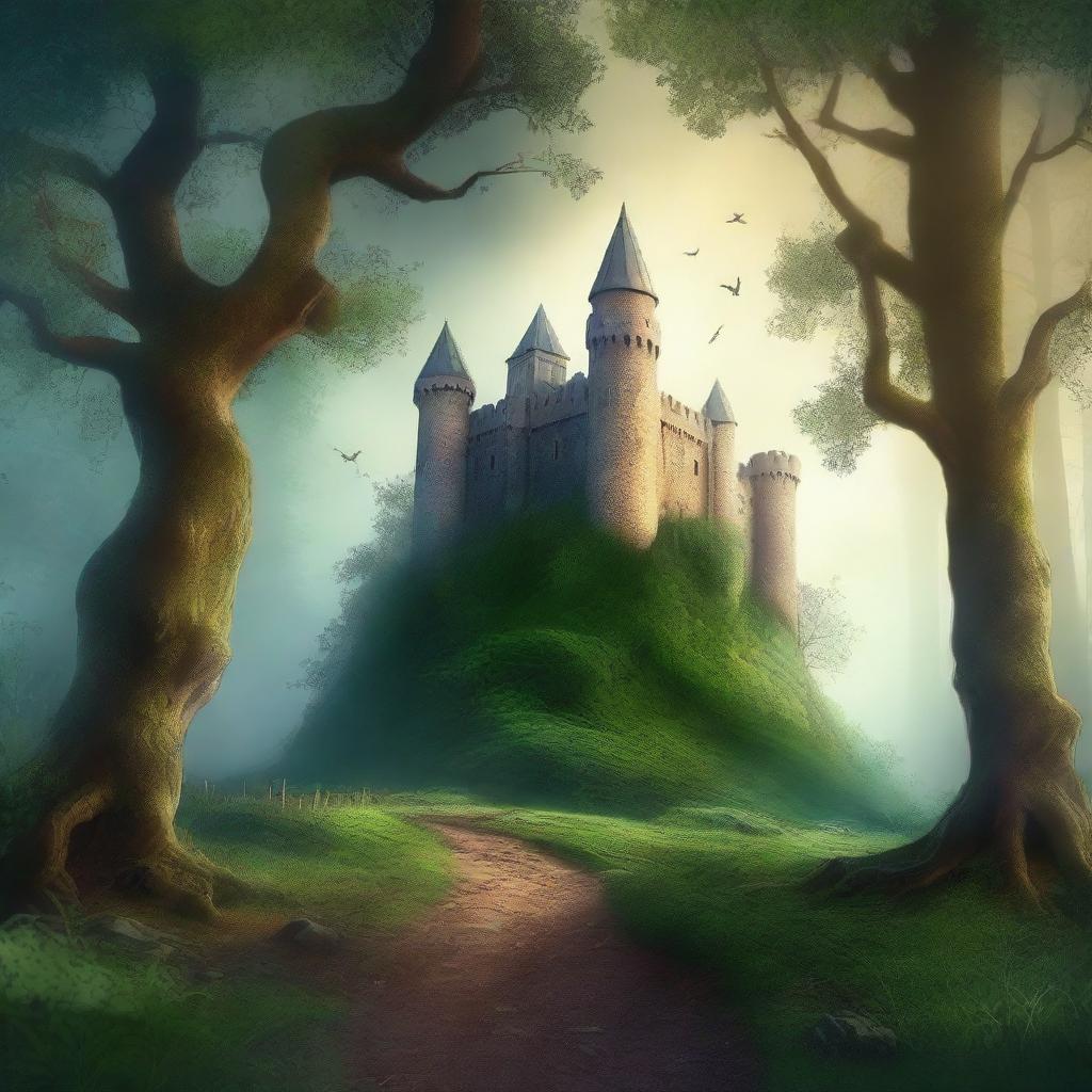 Create a captivating book cover featuring a mysterious forest with a hidden path leading to an ancient castle