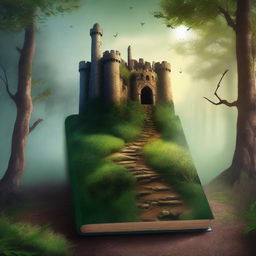 Create a captivating book cover featuring a mysterious forest with a hidden path leading to an ancient castle