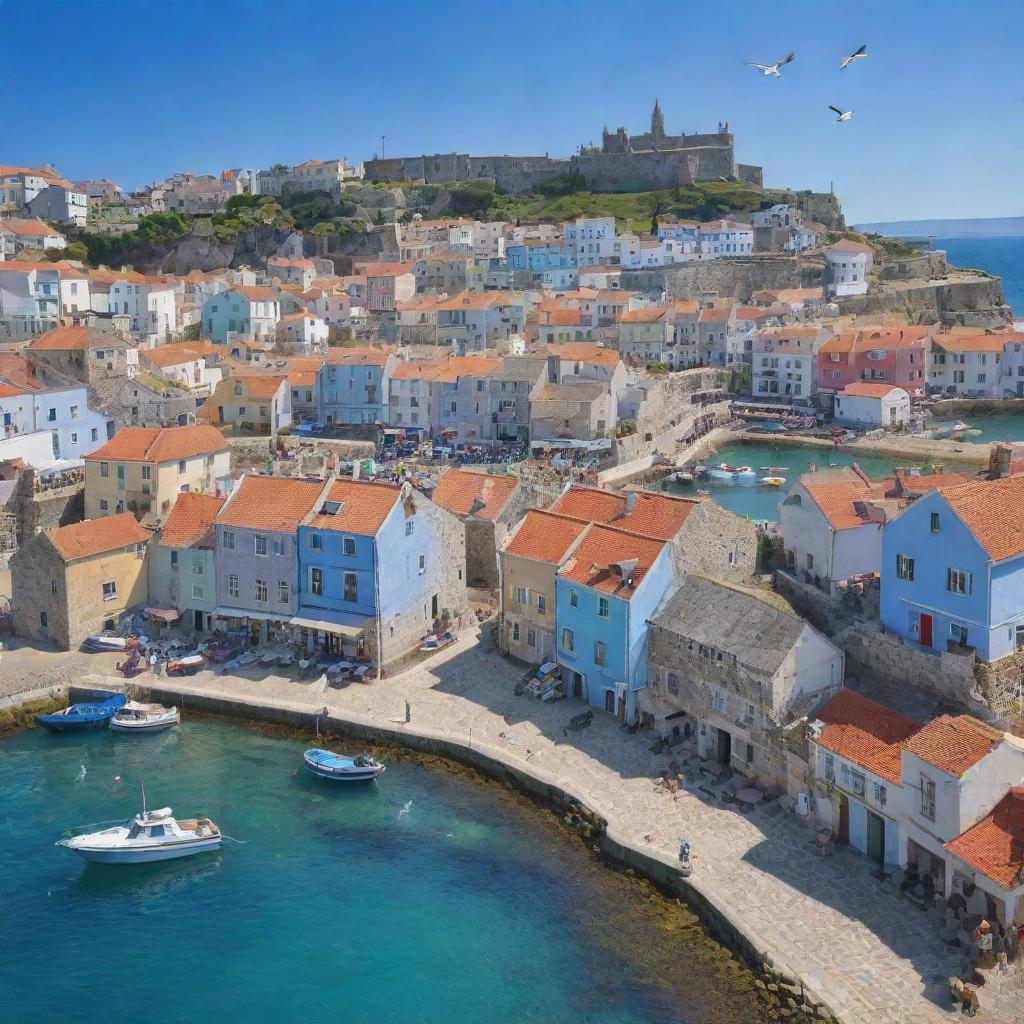 Animated image of a quaint sea town, with coloured houses, stone paved streets, bustling markets, boats bobbing in the harbour, and gulls soaring above, all set against the backdrop of the azure sea and clear skies.