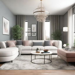 Create an image that showcases a beautifully decorated room with modern furniture, stylish decor, and ambient lighting