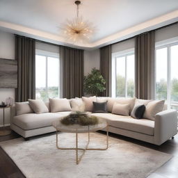 Create an image that showcases a beautifully decorated room with modern furniture, stylish decor, and ambient lighting