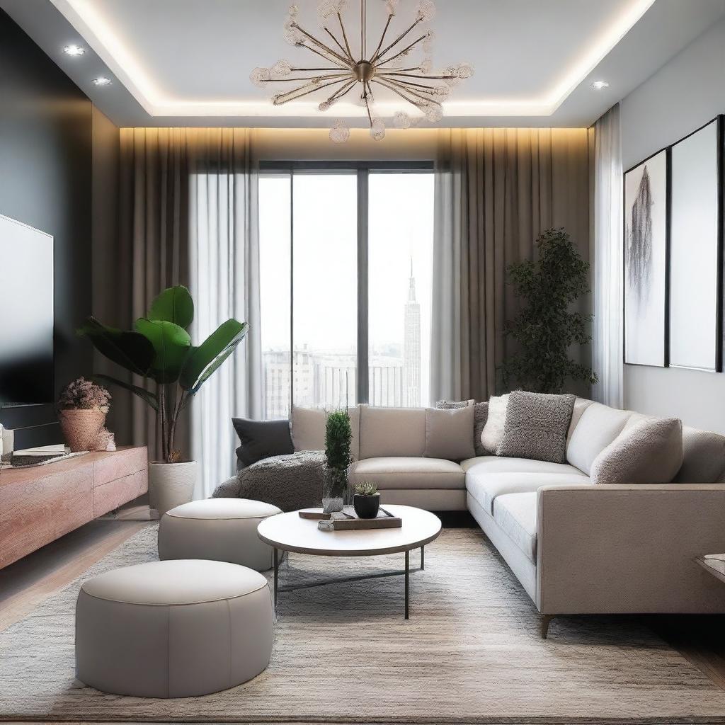 Create an image that showcases a beautifully decorated room with modern furniture, stylish decor, and ambient lighting