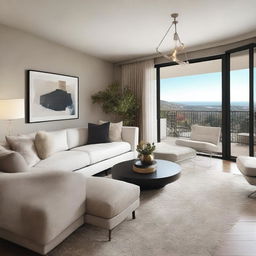 Create an image that showcases a beautifully decorated room with modern furniture, stylish decor, and ambient lighting