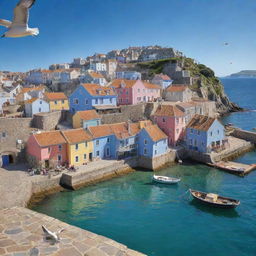 Animated image of a quaint sea town, with coloured houses, stone paved streets, bustling markets, boats bobbing in the harbour, and gulls soaring above, all set against the backdrop of the azure sea and clear skies.