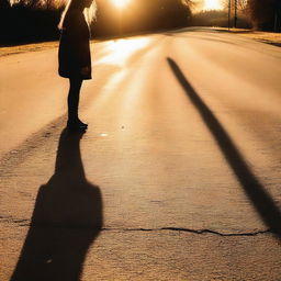 A shadow of a woman cast on a road during sunset, with long shadows stretching across the pavement