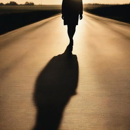 A shadow of a woman cast on a road during sunset, with long shadows stretching across the pavement