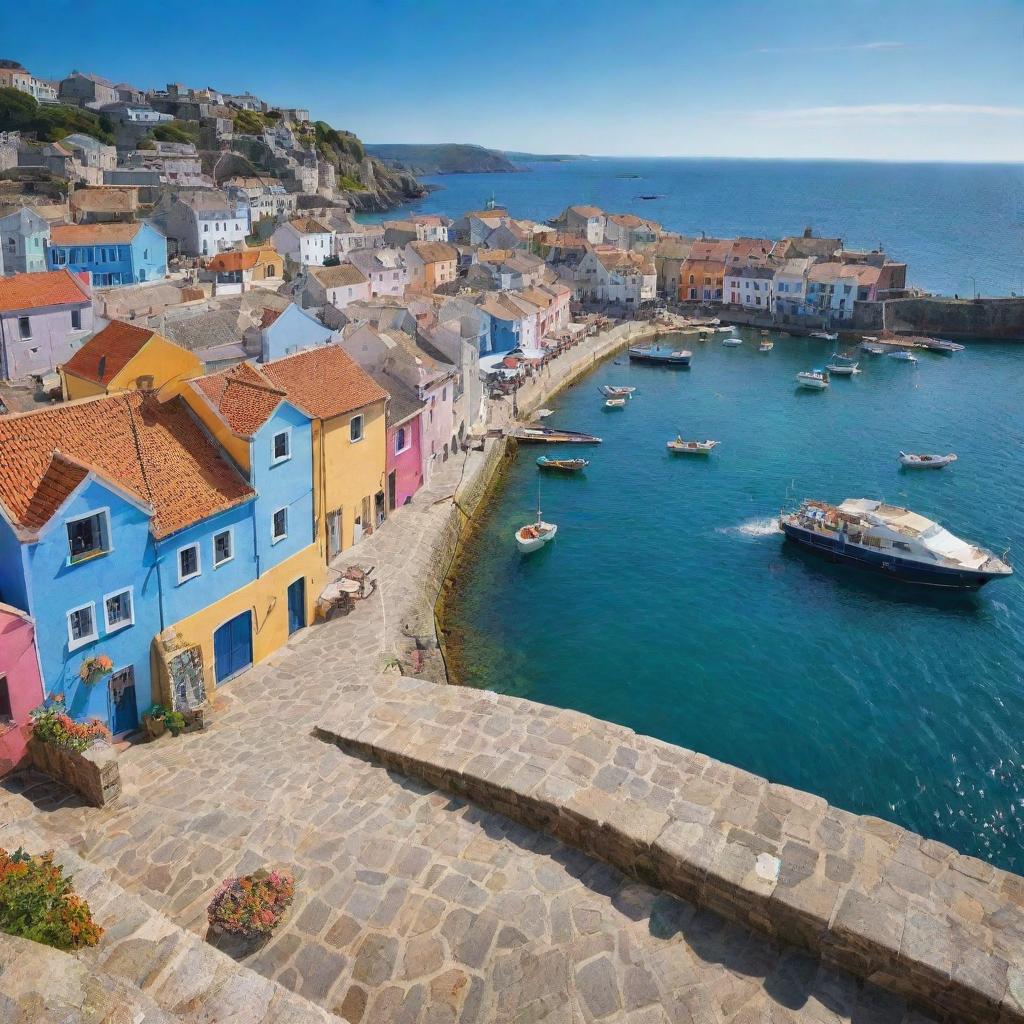 Animated image of a quaint sea town, with coloured houses, stone paved streets, bustling markets, boats bobbing in the harbour, and gulls soaring above, all set against the backdrop of the azure sea and clear skies.