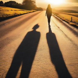 A shadow of a woman cast on a road during sunset, with long shadows stretching across the pavement