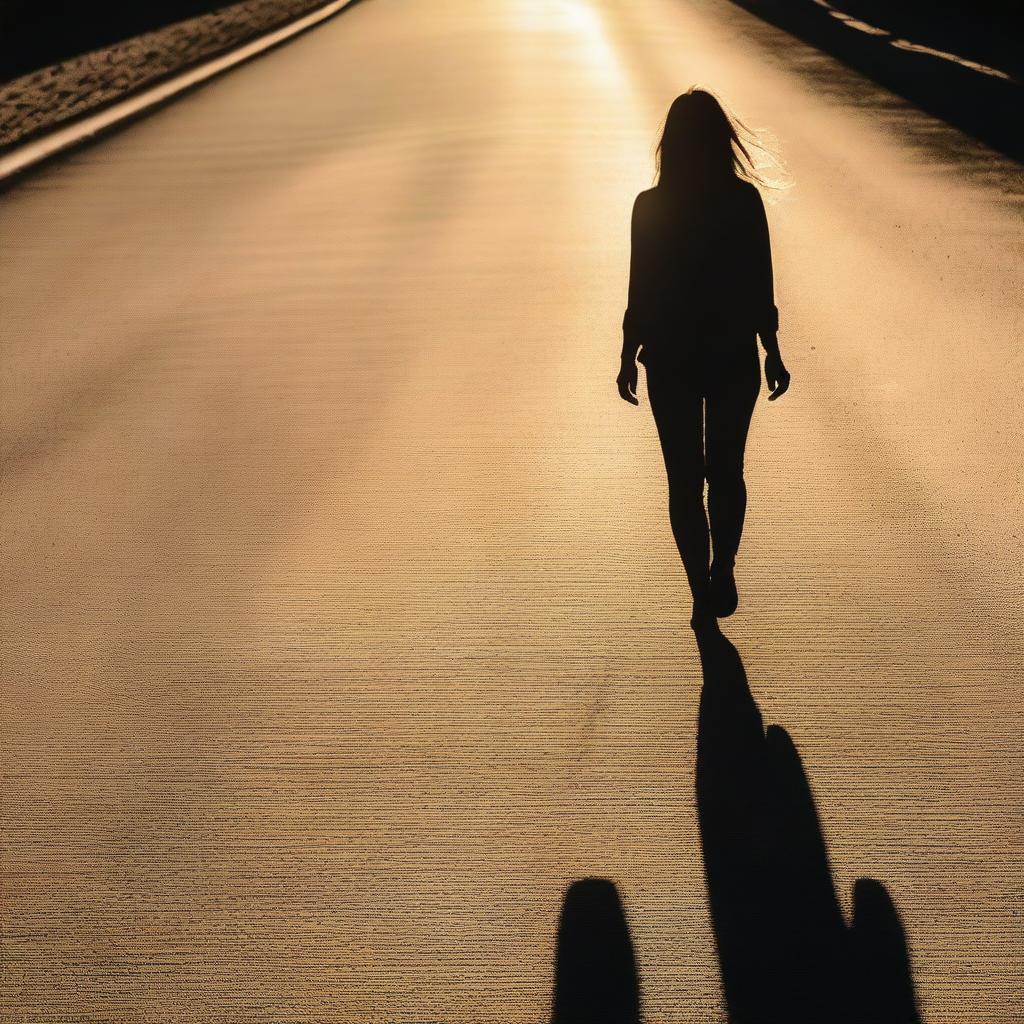 A shadow of a woman cast on a road during sunset, with long shadows stretching across the pavement