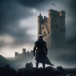 A dramatic scene depicting the echoes of betrayal, with a medieval castle in the background, dark stormy skies, and a lone knight standing in the foreground