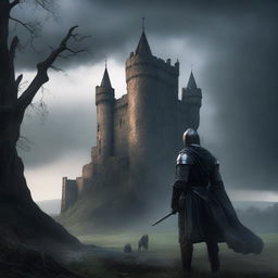 A dramatic scene depicting the echoes of betrayal, with a medieval castle in the background, dark stormy skies, and a lone knight standing in the foreground