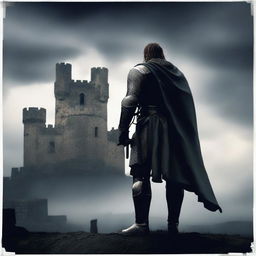 A dramatic scene depicting the echoes of betrayal, with a medieval castle in the background, dark stormy skies, and a lone knight standing in the foreground