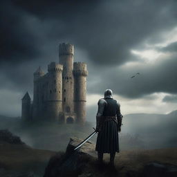 A dramatic scene depicting the echoes of betrayal, with a medieval castle in the background, dark stormy skies, and a lone knight standing in the foreground