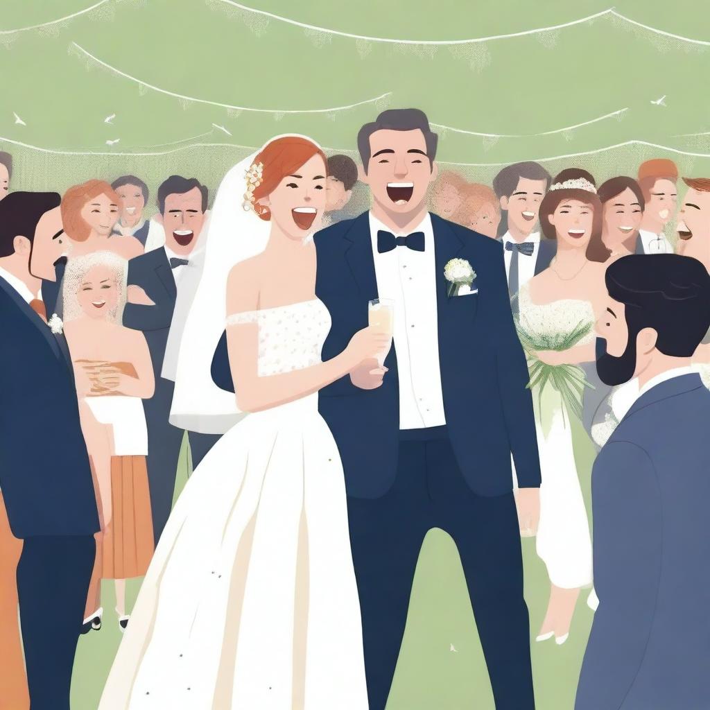 A whimsical scene of a wedding where two strangers are getting married